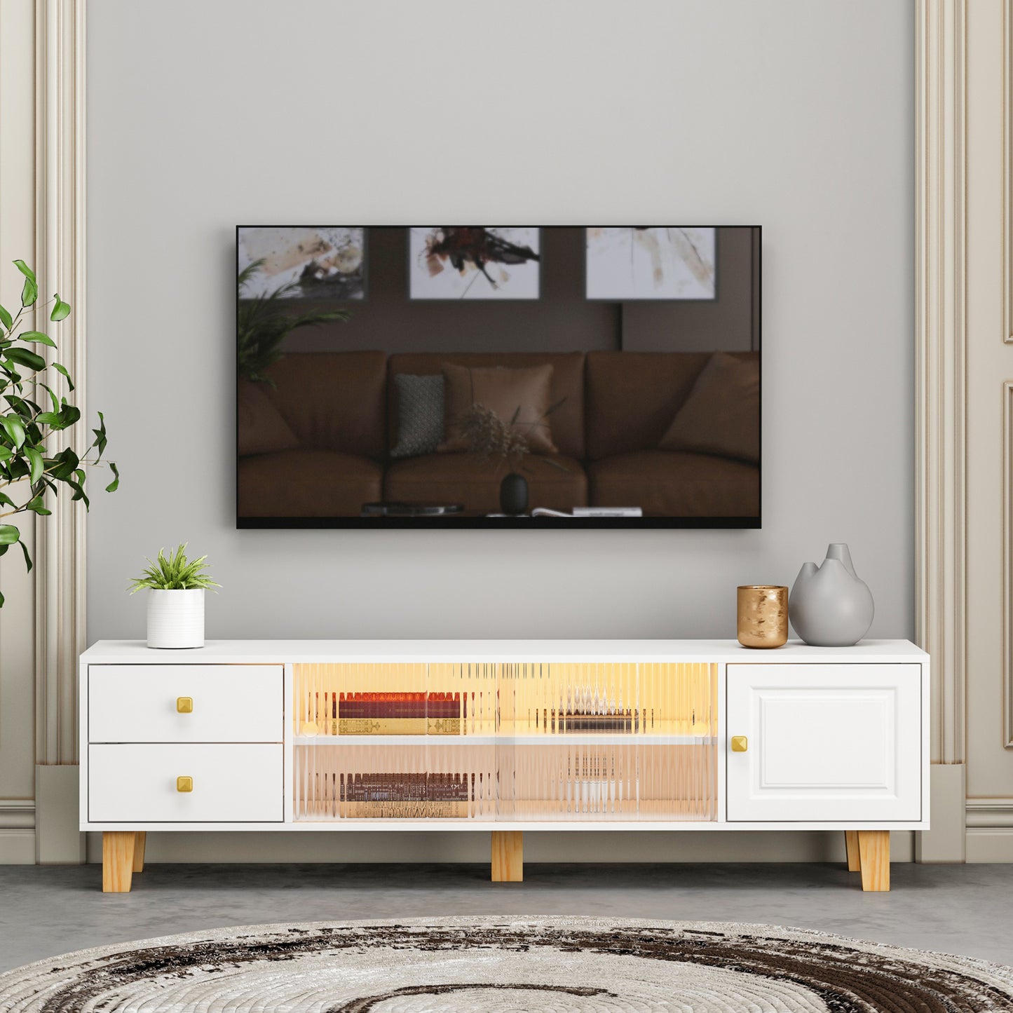 Melysen TV stand,TV Cabinet,entertainment center,TV console,media console,plastic door panel,with LED remote control light,sliding door,metal handle,solid wooden leg,White