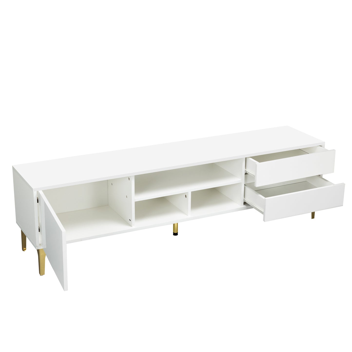 Melysen TV stand,TV Cabinet,entertainment center,TV console,media console,with LED remote control lights,UV bloom drawer panel,gold metal table legs,White