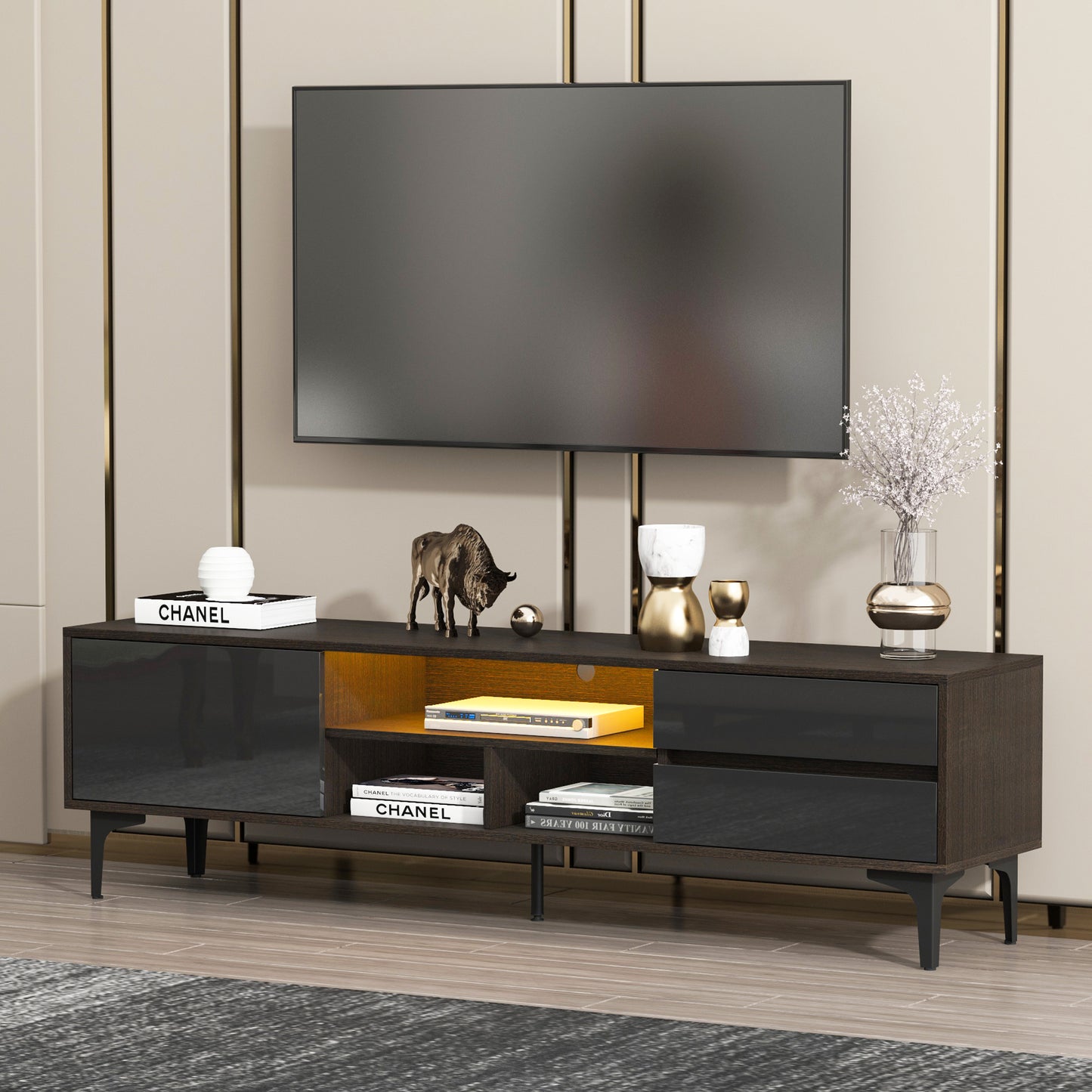 Melysen TV stand,TV Cabinet,entertainment center,TV console,media console,with LED remote control lights,UV bloom drawer panel,ferrous legs,Black+Brown