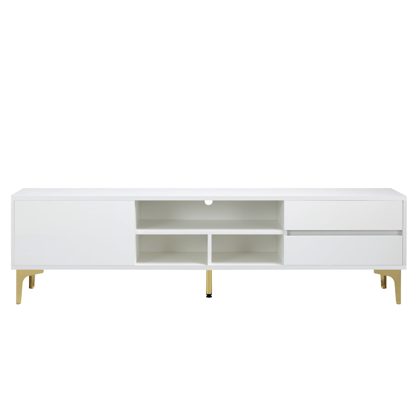 Melysen TV stand,TV Cabinet,entertainment center,TV console,media console,with LED remote control lights,UV bloom drawer panel,gold metal table legs,White