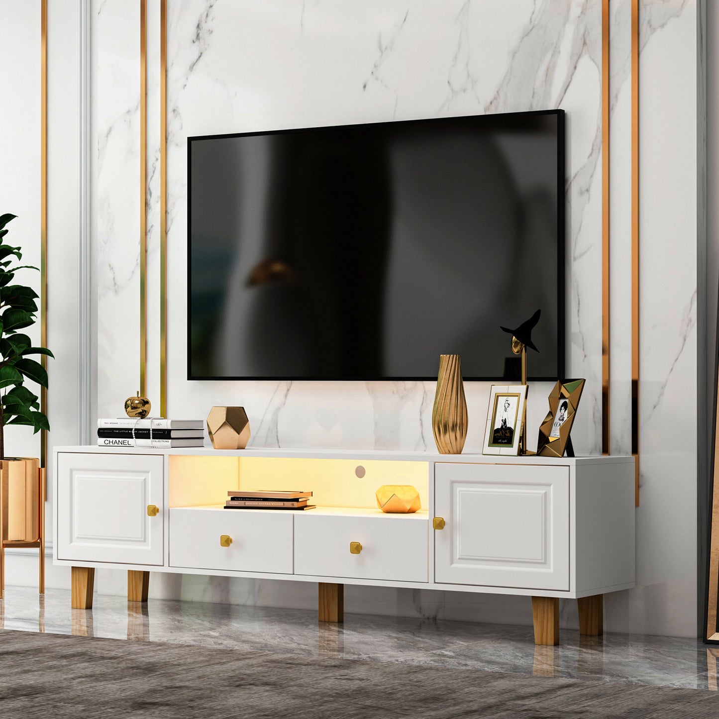 Melysen TV stand,TV Cabinet,entertainment center,TV console,media console,plastic door panel,with LED remote control light,metal handle,solid wooden leg,White