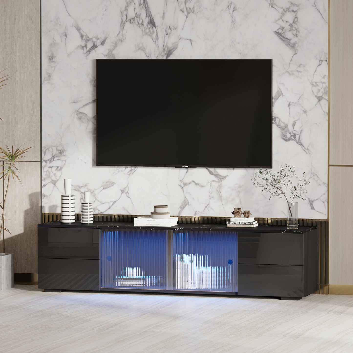 Melysen TV stand,TVCabinet,entertainment center,TV console,media console,with LED remote control lights,roof gravel texture,UV drawer panels,sliding doors,Black