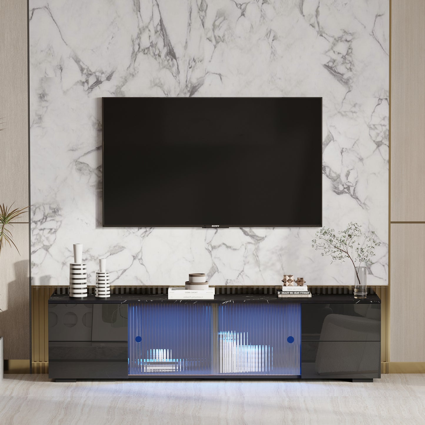 Melysen TV stand,TVCabinet,entertainment center,TV console,media console,with LED remote control lights,roof gravel texture,UV drawer panels,sliding doors,Black