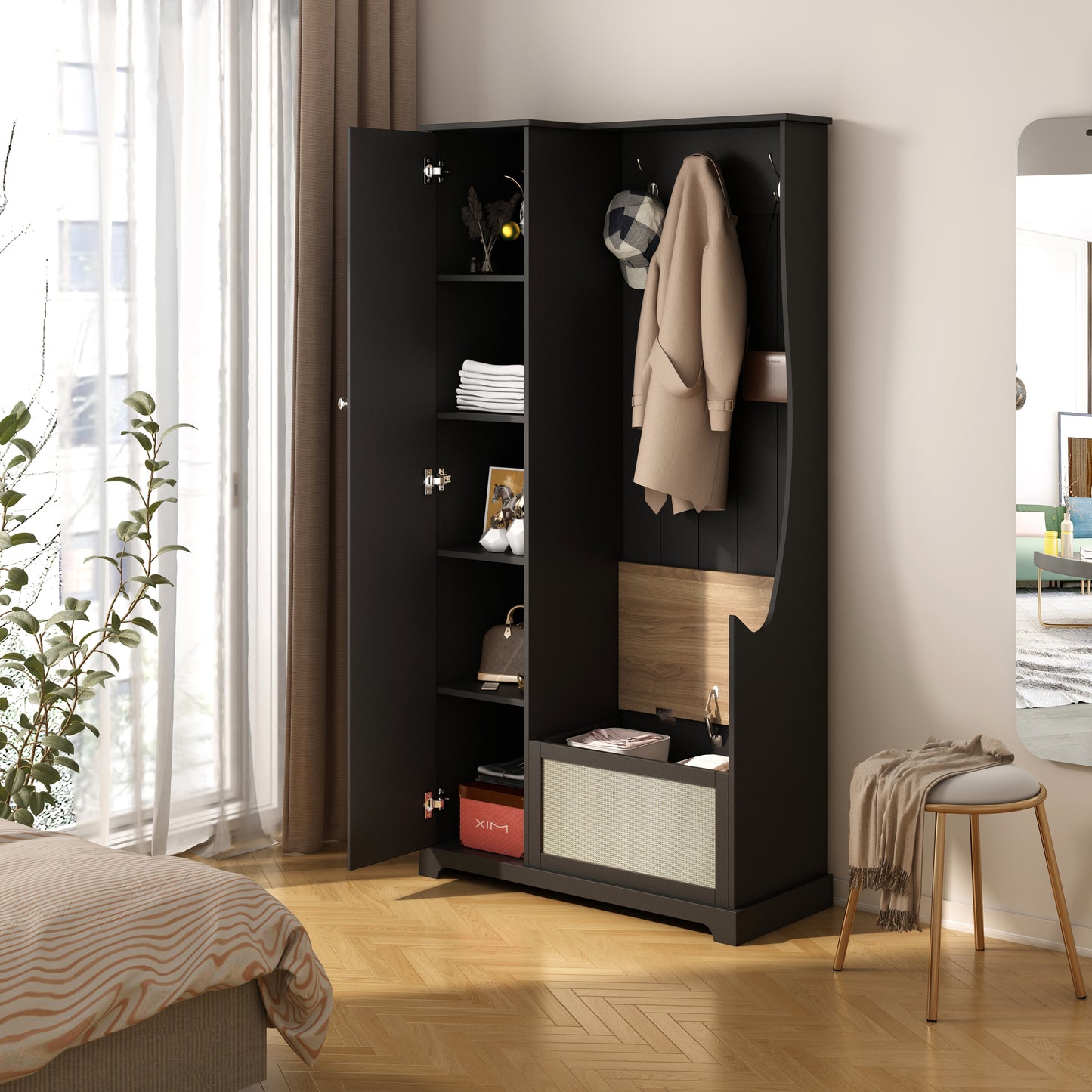 Melysen Hall Tree with Bench, Storage Cabinet, Suitable for Living Room, Entryway, Bedroom