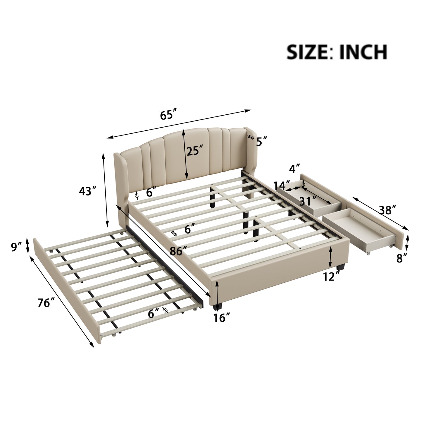 Melysen Upholstered Platform Bed with Wingback Headboard, One Twin Trundle and 2 Drawers, No Box Spring Needed, Linen Fabric