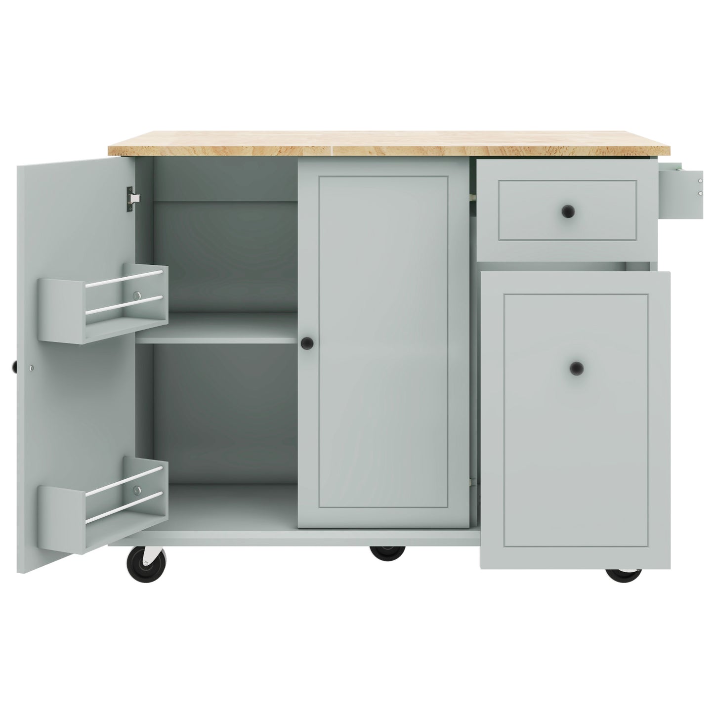 Melysen Kitchen Island with Drop Leaf, 53.9" Width Rolling Kitchen Cart on Wheels with Internal Storage Rack and 3 Tier Pull Out Cabinet Organizer, Kitchen Storage Cart with Spice Rack, Towel Rack (Grey Blue)