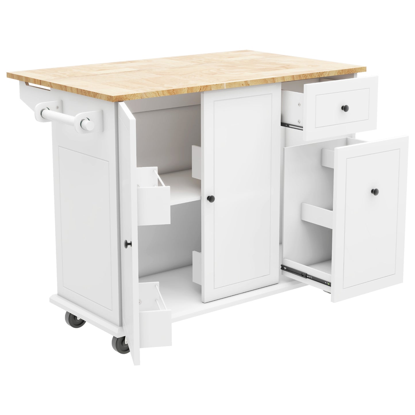 Melysen Kitchen Island with Drop Leaf, 53.9" Width Rolling Kitchen Cart on Wheels with Internal Storage Rack and 3 Tier Pull Out Cabinet Organizer, Kitchen Storage Cart with Spice Rack, Towel Rack (White)