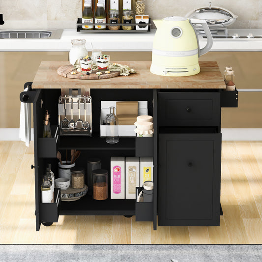 Melysen Kitchen Island with Drop Leaf, 53.9" Width Rolling Kitchen Cart on Wheels with Internal Storage Rack and 3 Tier Pull Out Cabinet Organizer, Kitchen Storage Cart with Spice Rack, Towel Rack (Black)