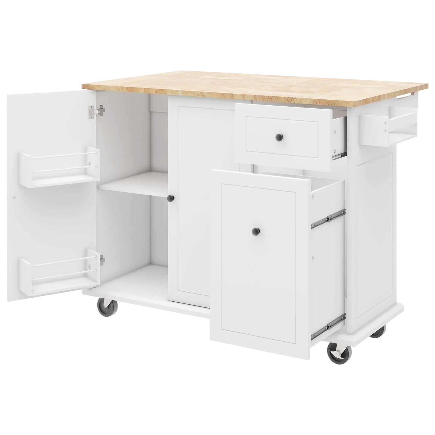 Melysen Kitchen Island with Drop Leaf, 53.9" Width Rolling Kitchen Cart on Wheels with Internal Storage Rack and 3 Tier Pull Out Cabinet Organizer, Kitchen Storage Cart with Spice Rack, Towel Rack (White)