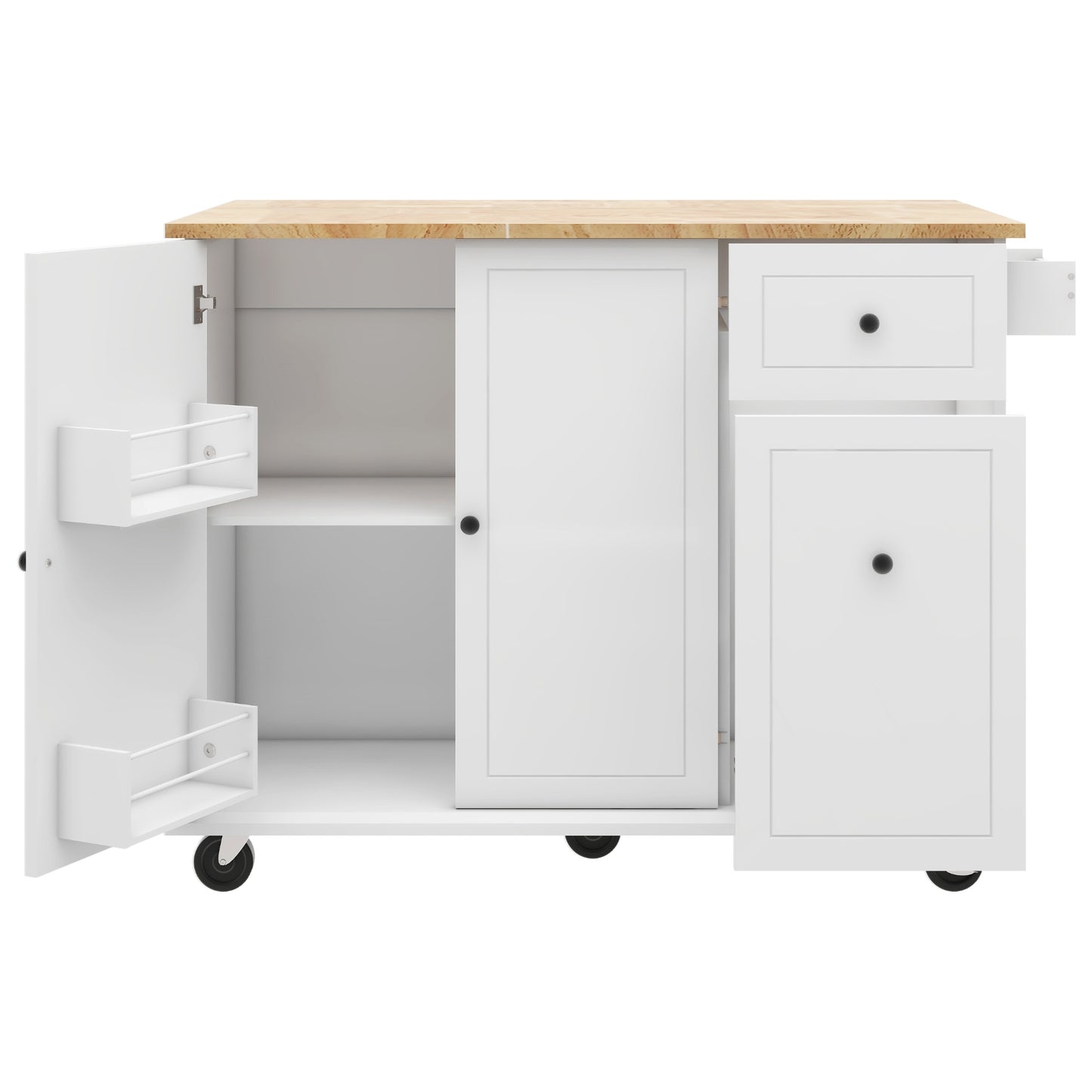 Melysen Kitchen Island with Drop Leaf, 53.9" Width Rolling Kitchen Cart on Wheels with Internal Storage Rack and 3 Tier Pull Out Cabinet Organizer, Kitchen Storage Cart with Spice Rack, Towel Rack (White)