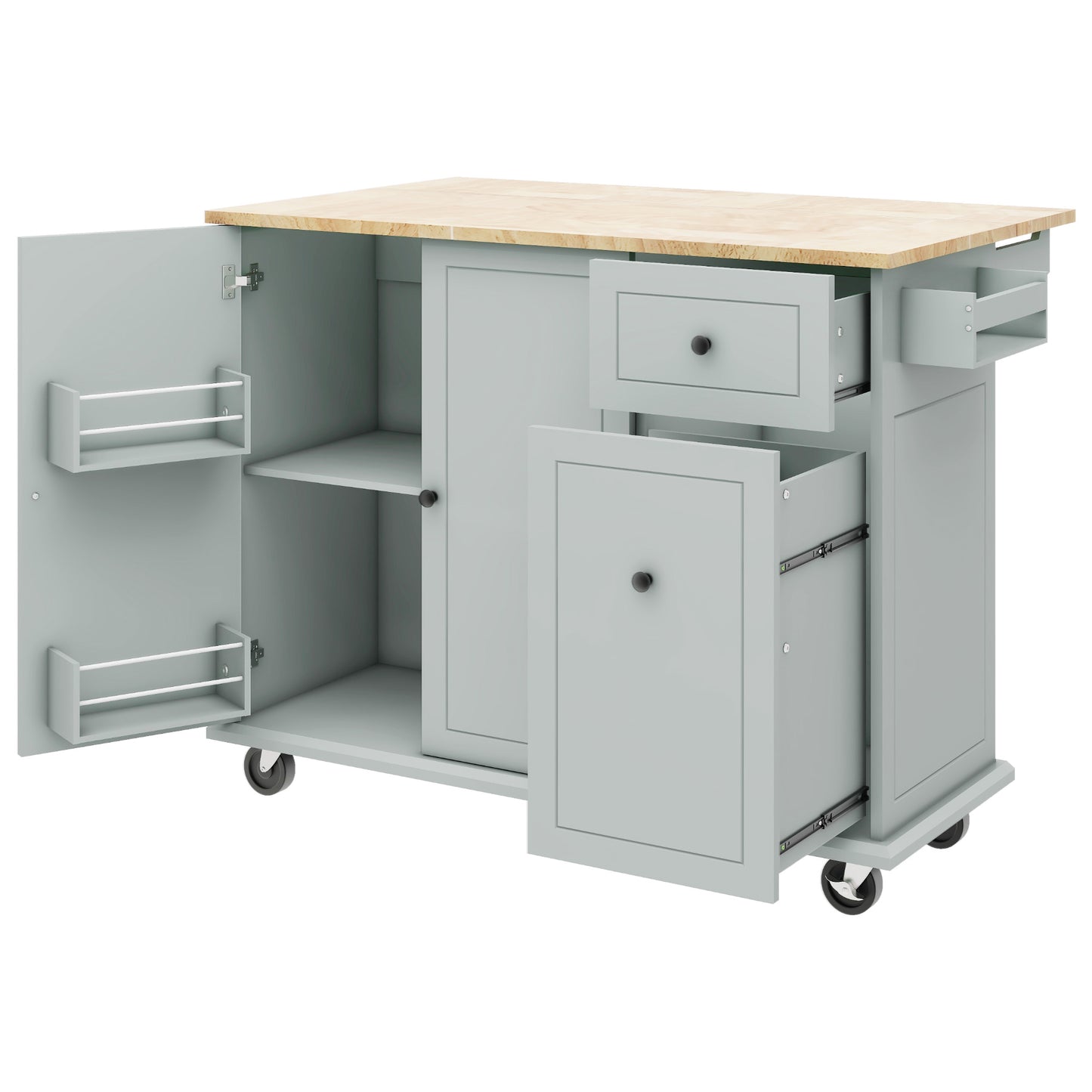 Melysen Kitchen Island with Drop Leaf, 53.9" Width Rolling Kitchen Cart on Wheels with Internal Storage Rack and 3 Tier Pull Out Cabinet Organizer, Kitchen Storage Cart with Spice Rack, Towel Rack (Grey Blue)