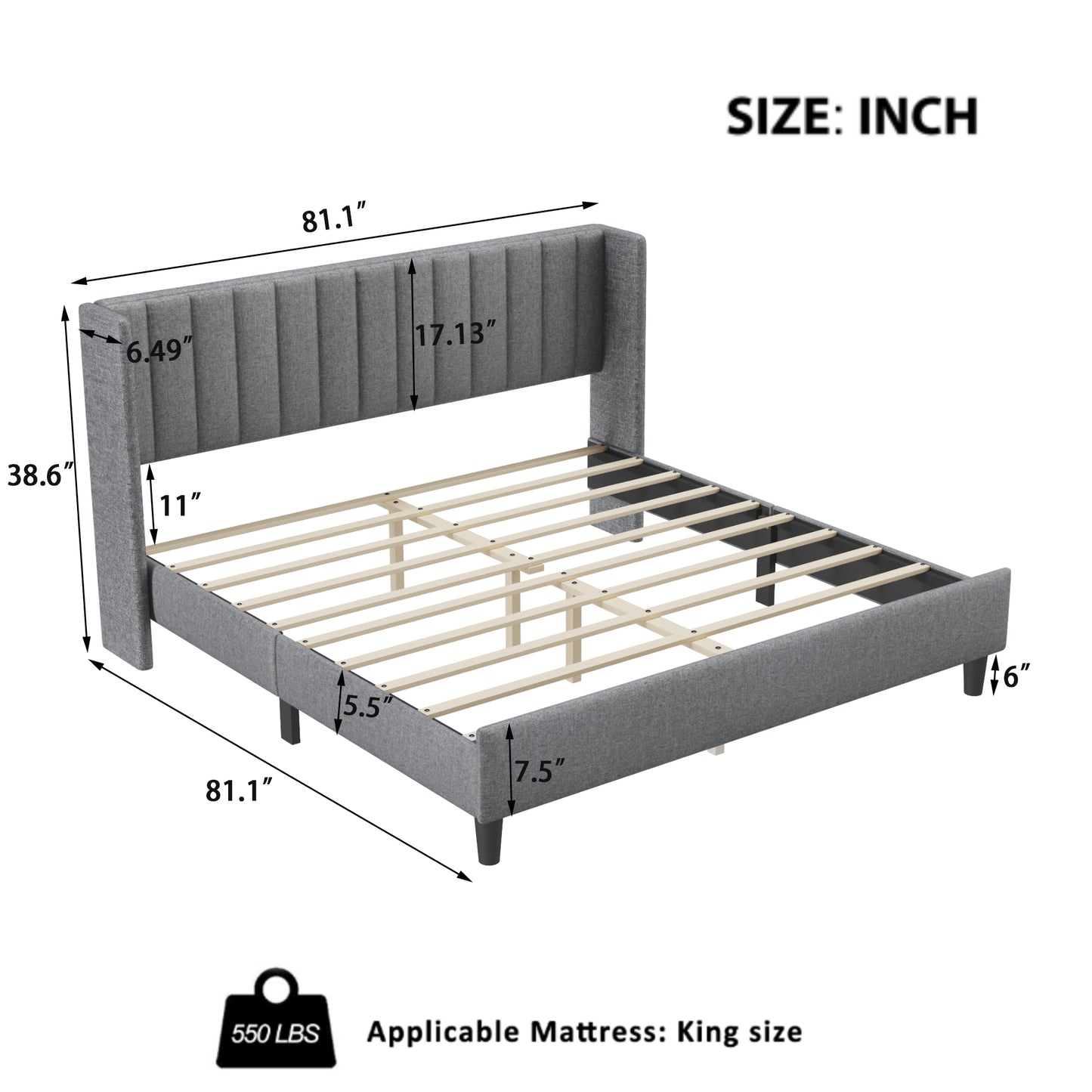 Melysen Upholstered Platform Bed Frame with Headboard,Light Grey