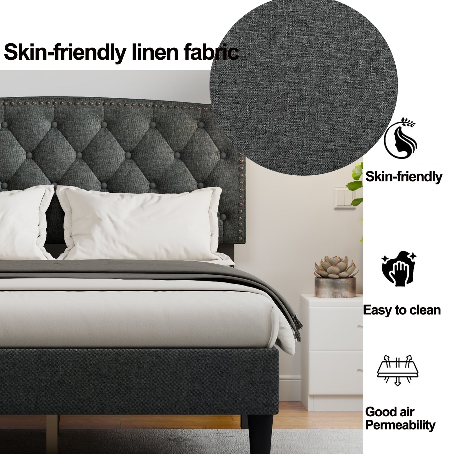 Melysen Adjustable Headboard with Fine Linen Upholstery,Dark Gray