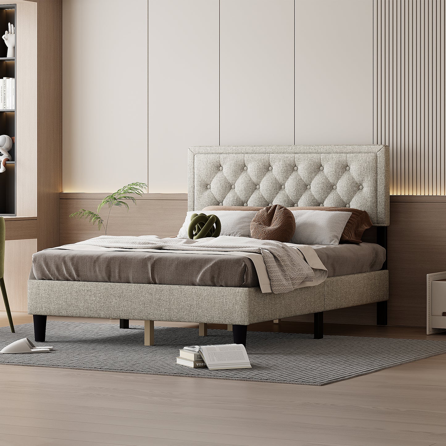 Melysen Panel Bed Frame,Linen Beige