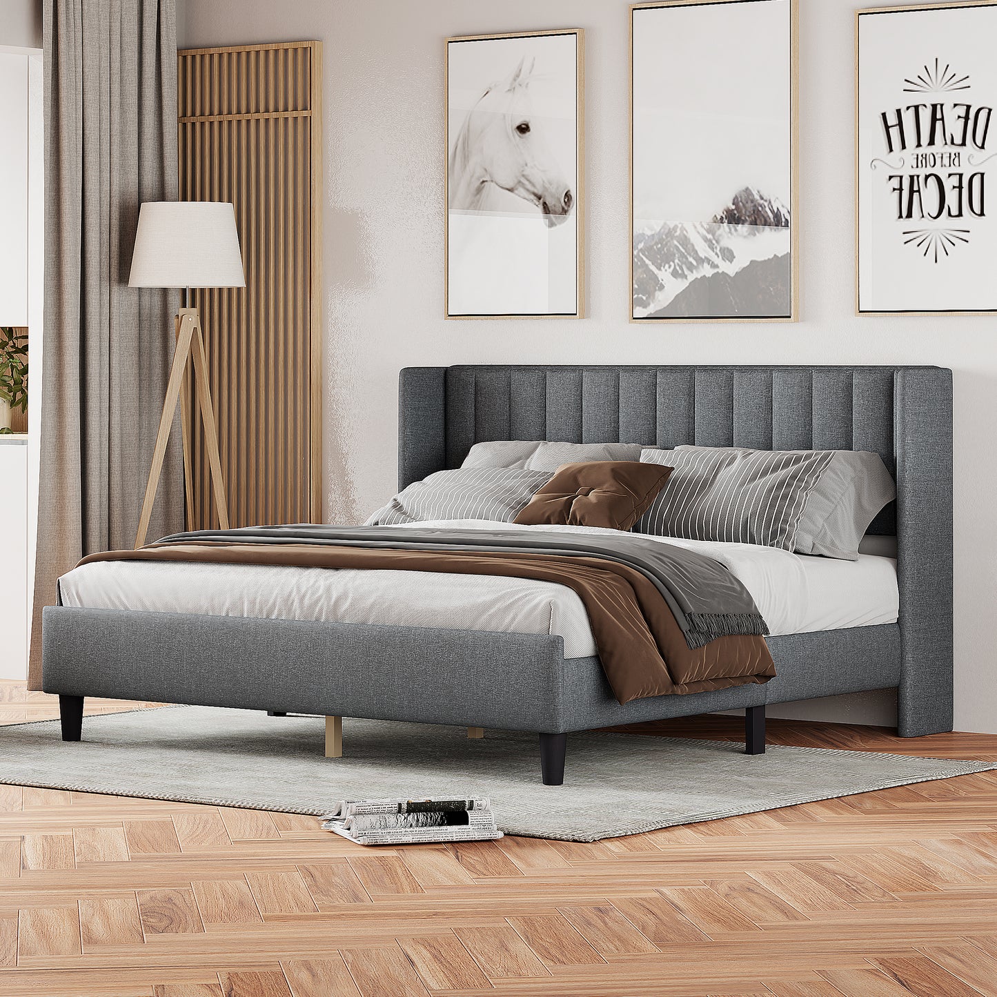 Melysen Upholstered Platform Bed Frame with Headboard,Light Grey