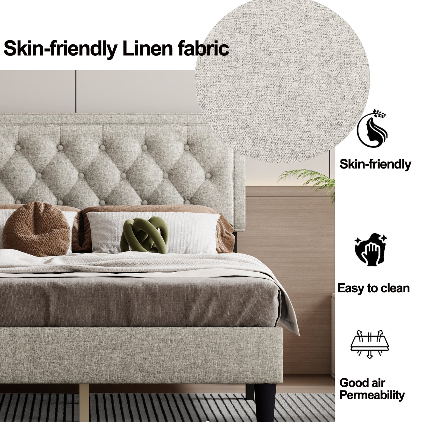 Melysen Panel Bed Frame,Linen Beige