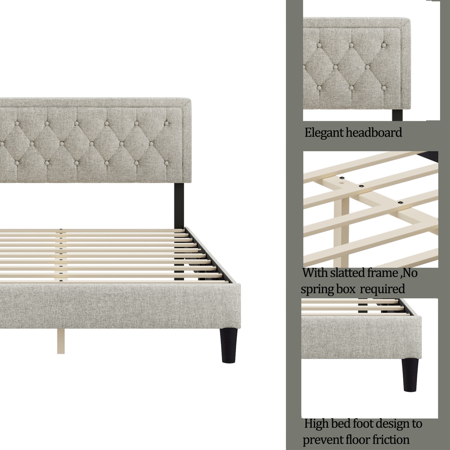 Melysen Panel Bed Frame,Linen Beige