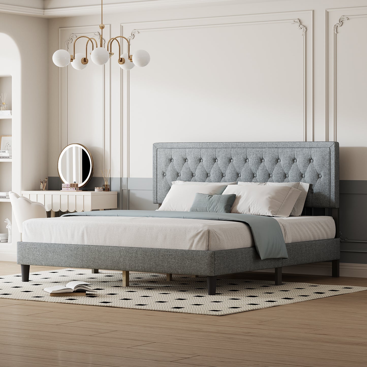 Melysen Panel Bed Frame,Light Grey