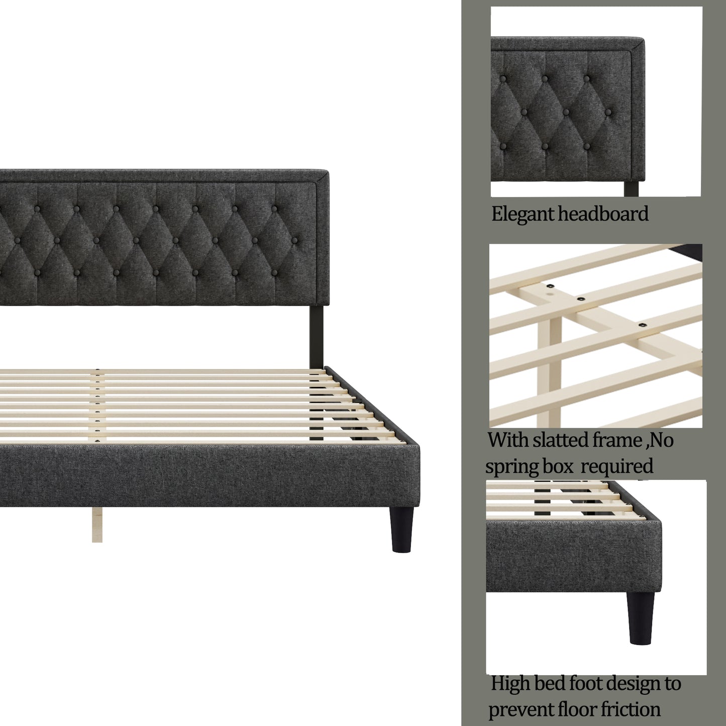 Melysen Panel Bed Frame,Dark Grey