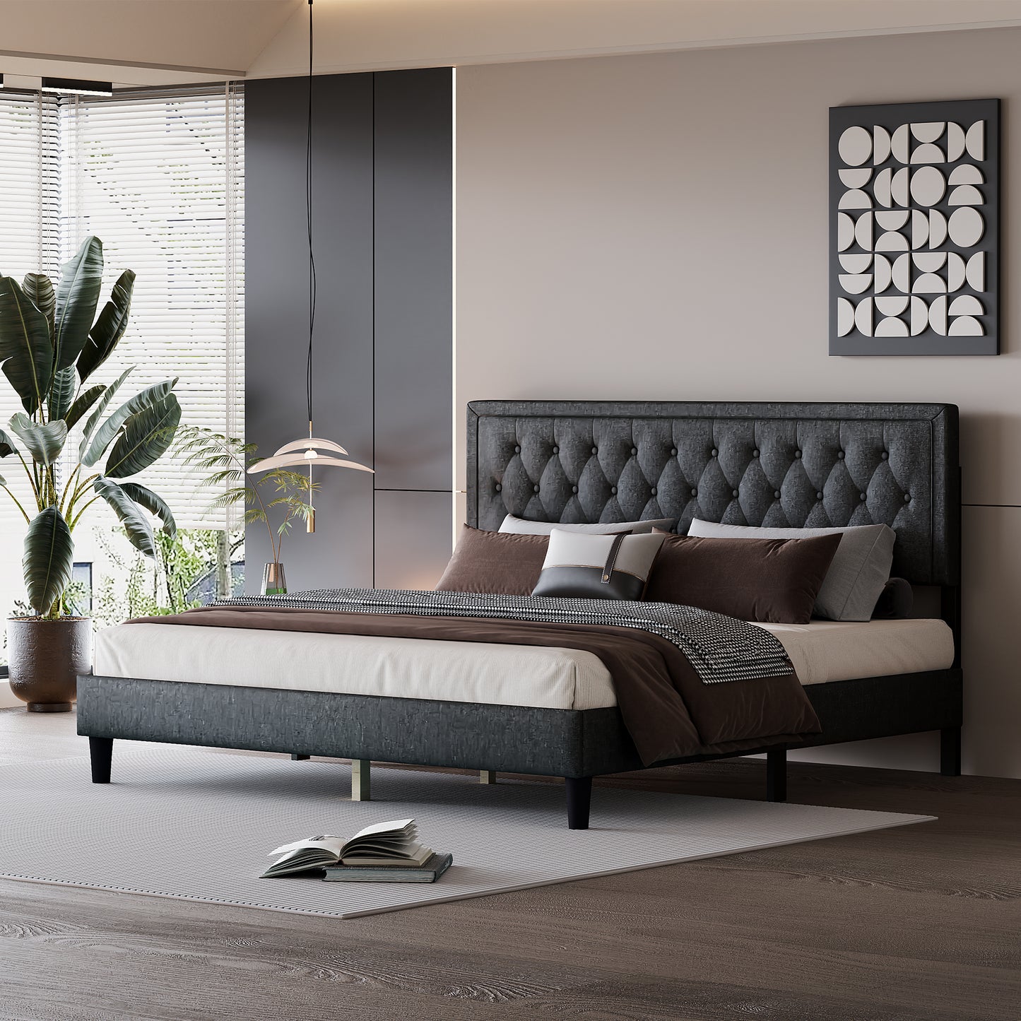 Melysen Panel Bed Frame,Dark Grey