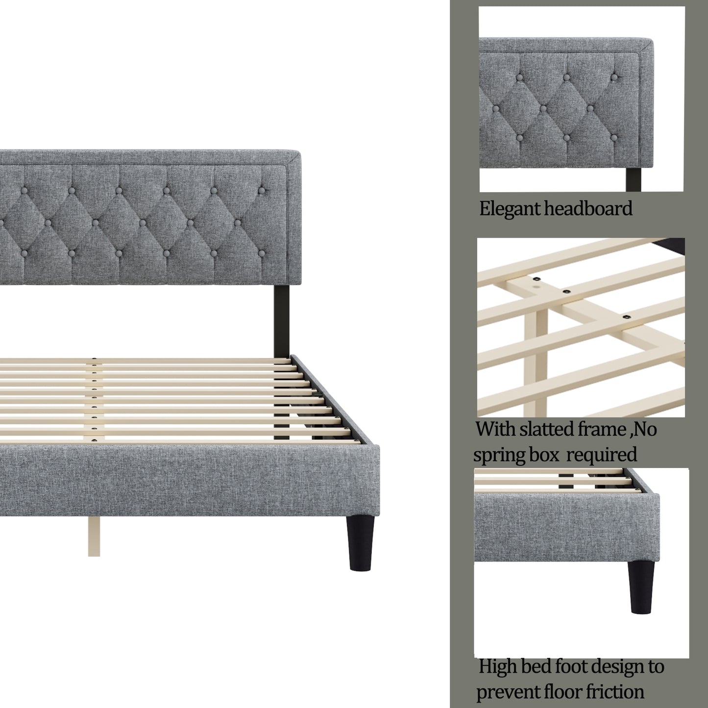 Melysen Panel Bed Frame,Light Grey