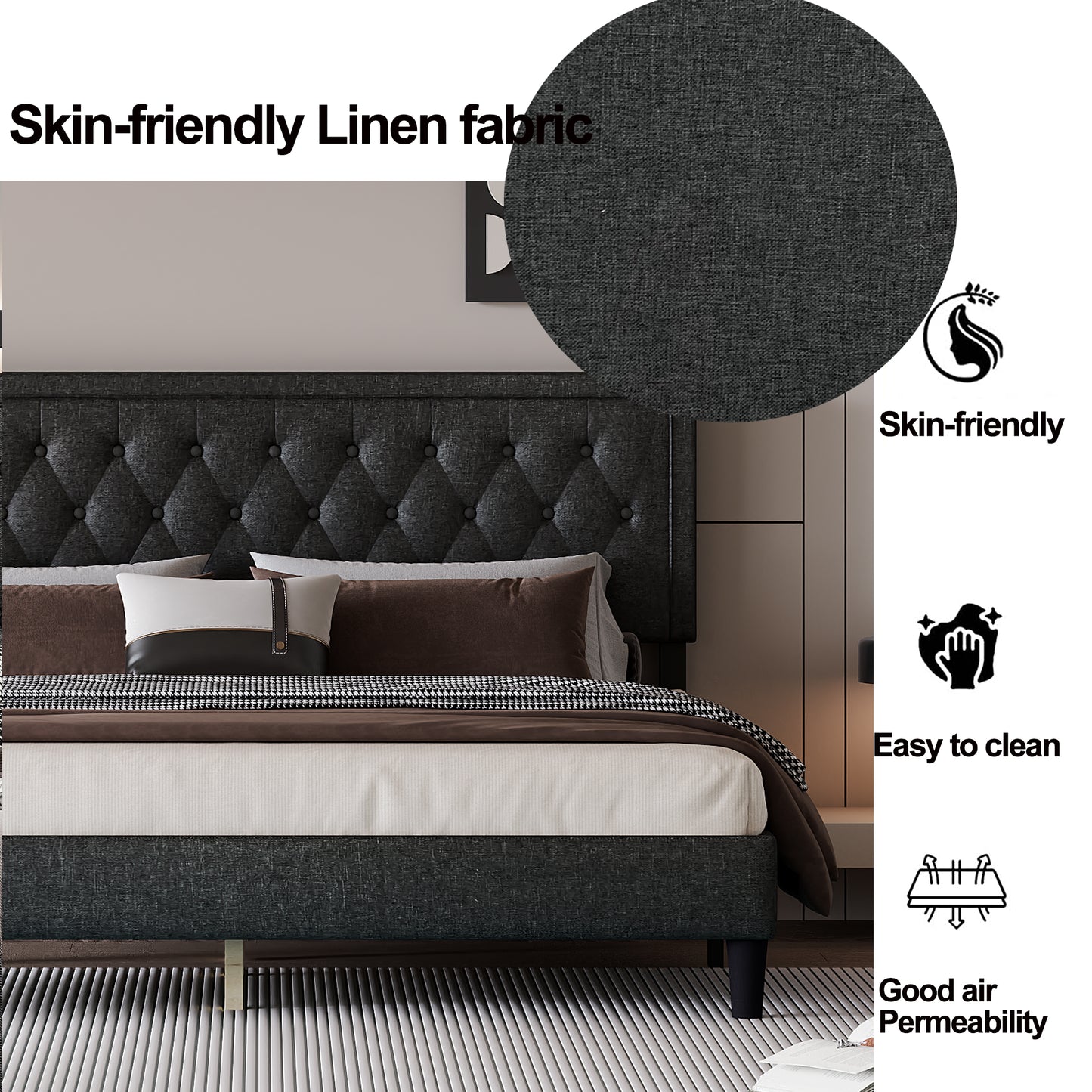 Melysen Panel Bed Frame,Dark Grey