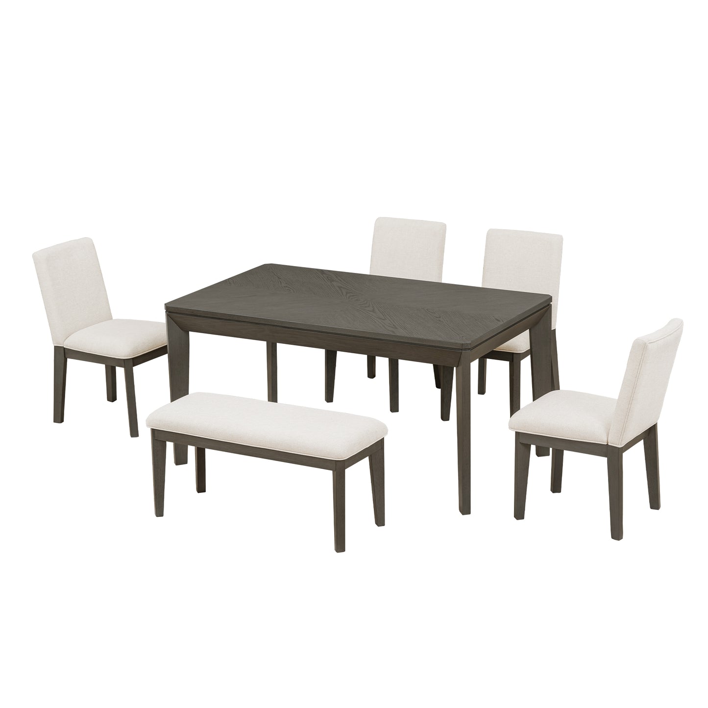 Melysen 6-Piece Dining Table Set with Upholstered Dining Chairs and Bench,Farmhouse Style, Tapered Legs,Dark Gray+Beige