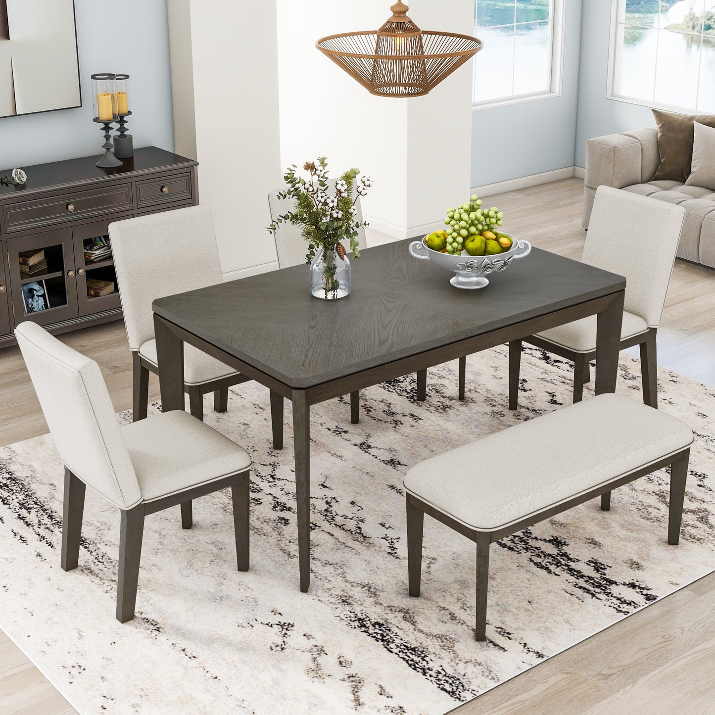 Melysen 6-Piece Dining Table Set with Upholstered Dining Chairs and Bench,Farmhouse Style, Tapered Legs,Dark Gray+Beige