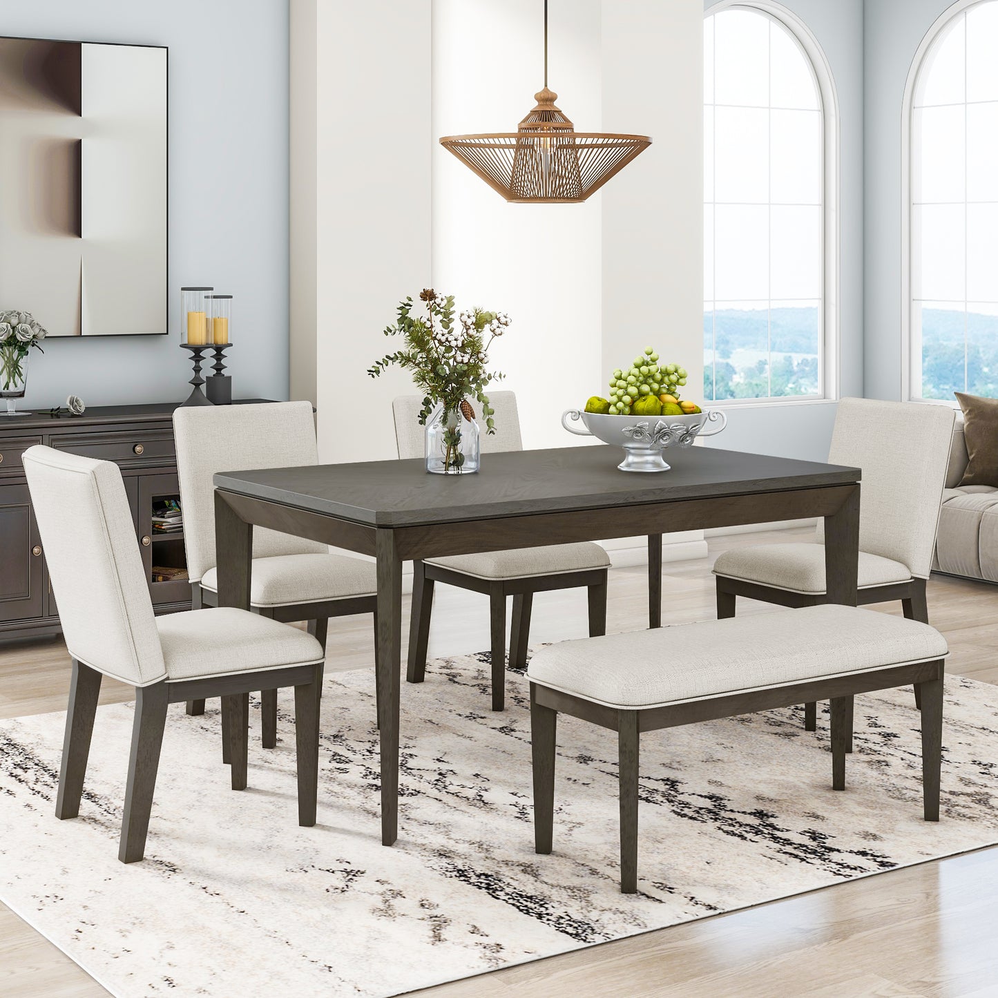 Melysen 6-Piece Dining Table Set with Upholstered Dining Chairs and Bench,Farmhouse Style, Tapered Legs,Dark Gray+Beige