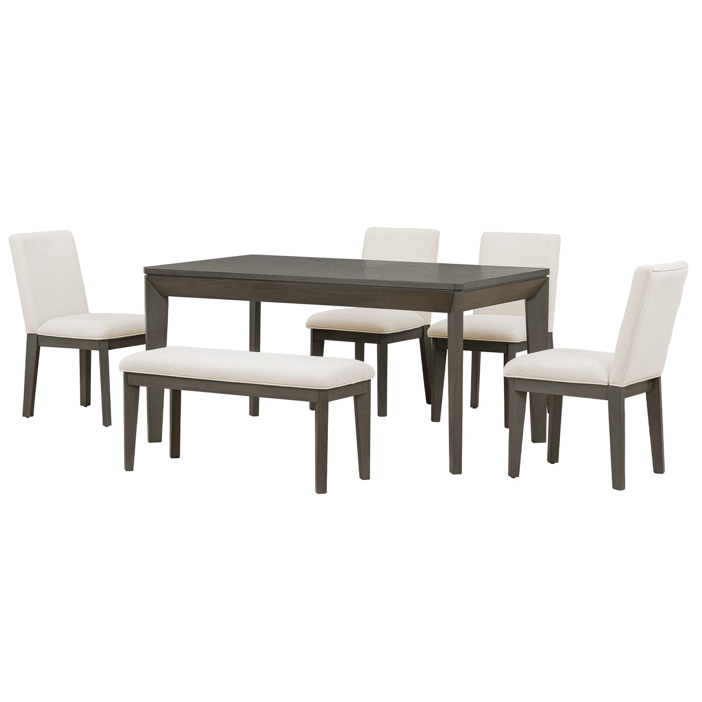 Melysen 6-Piece Dining Table Set with Upholstered Dining Chairs and Bench,Farmhouse Style, Tapered Legs,Dark Gray+Beige