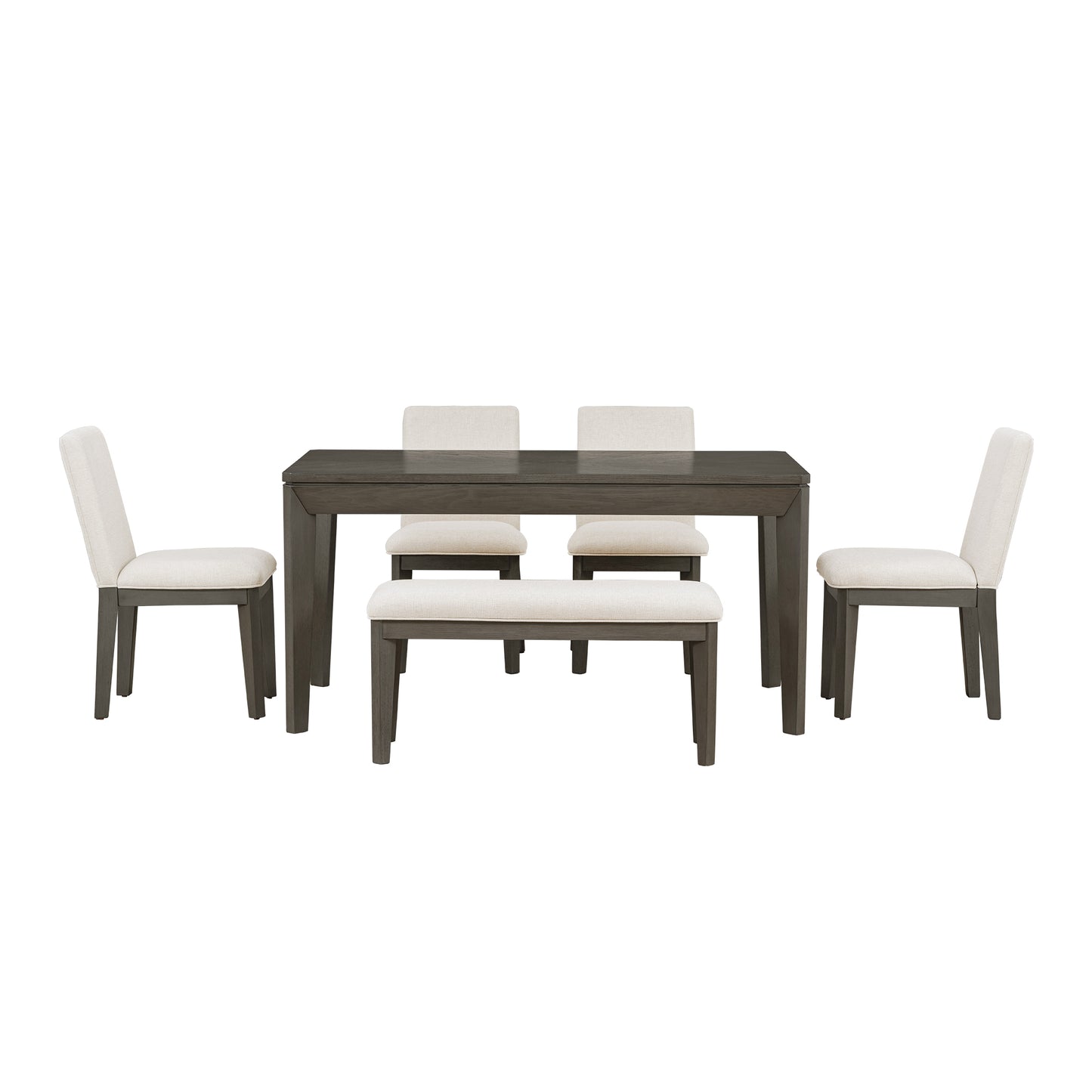 Melysen 6-Piece Dining Table Set with Upholstered Dining Chairs and Bench,Farmhouse Style, Tapered Legs,Dark Gray+Beige