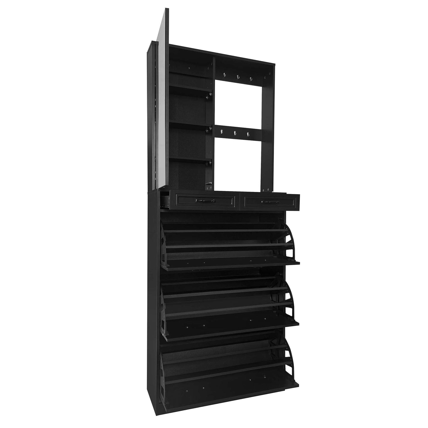 Melysen Multi-functional Shoe Cabinet with 3 Flip Drawers, Elegant Hall Tree with Mirror, Freestanding Entryway Organizer Shoe Rack with 6 Hanging Hooks for Hallway, Black