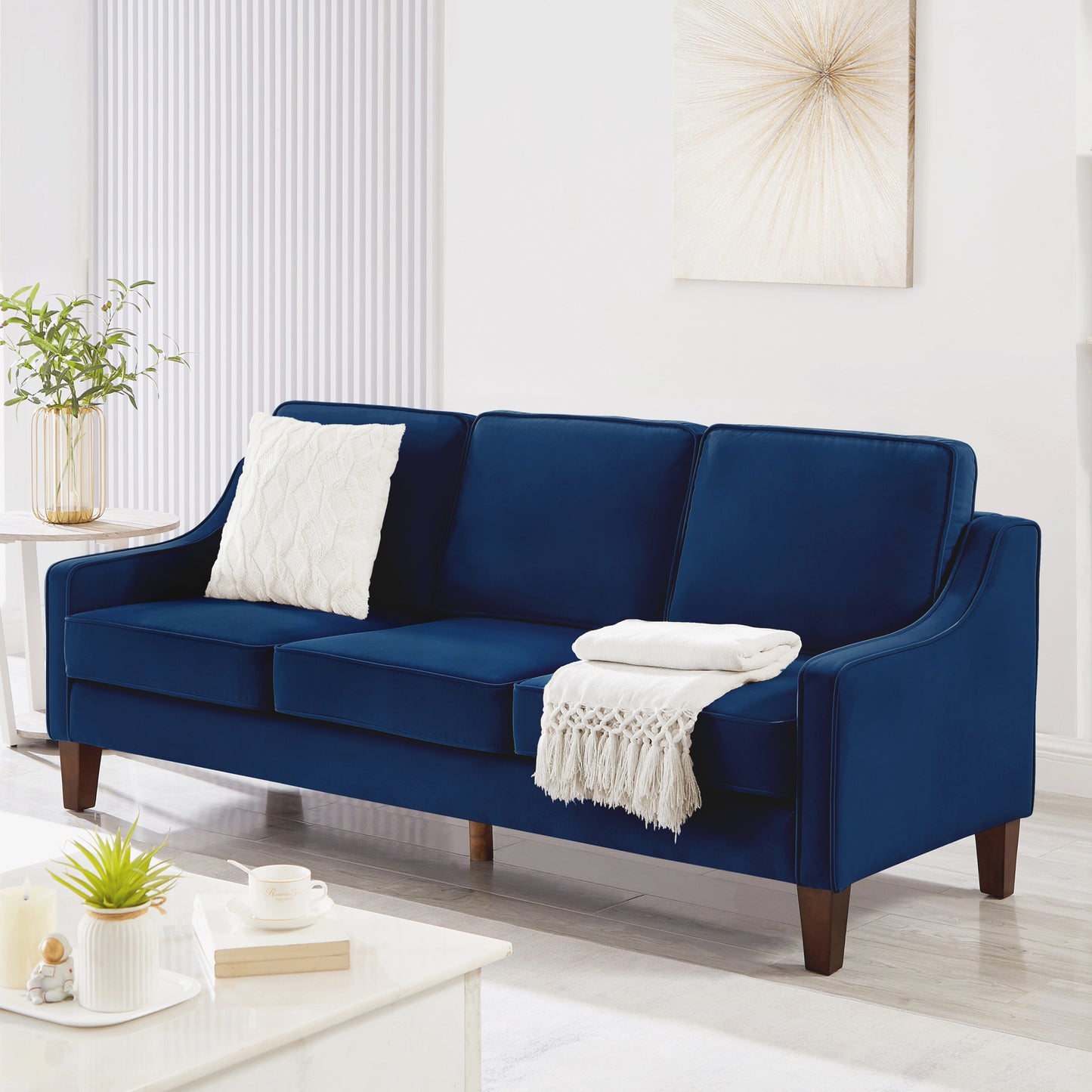 Melysen Modern 3 Piece seat  Sofa Couch with Scooped Armrest/Wood legs,Upholstered Velvet 3-seat Sofa with Removable Cushions for Livingrooom Bedroomin