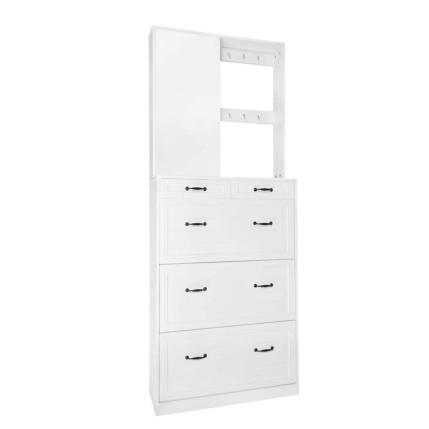 Melysen Multi-functional Shoe Cabinet with 3 Flip Drawers, Elegant Hall Tree with Mirror, Freestanding Entryway Organizer Shoe Rack with 6 Hanging Hooks for Hallway, White