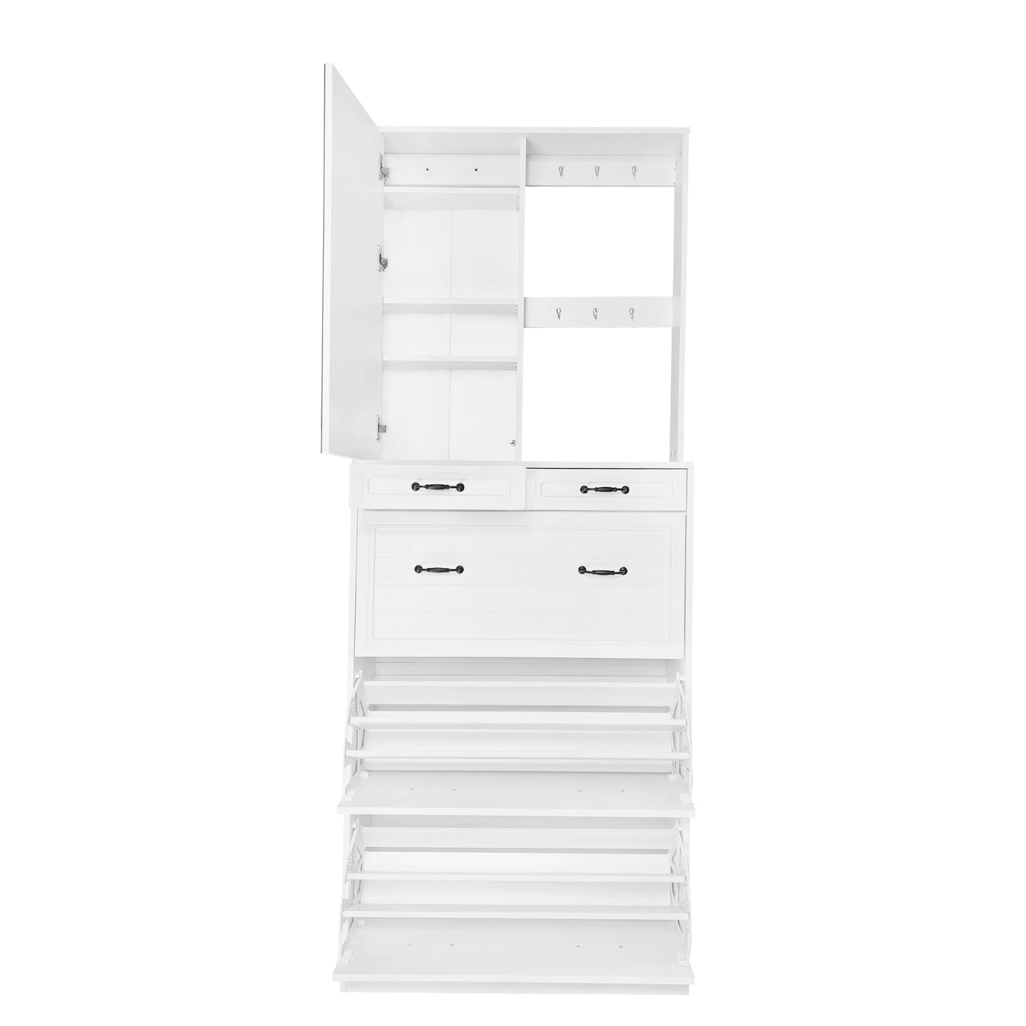 Melysen Multi-functional Shoe Cabinet with 3 Flip Drawers, Elegant Hall Tree with Mirror, Freestanding Entryway Organizer Shoe Rack with 6 Hanging Hooks for Hallway, White