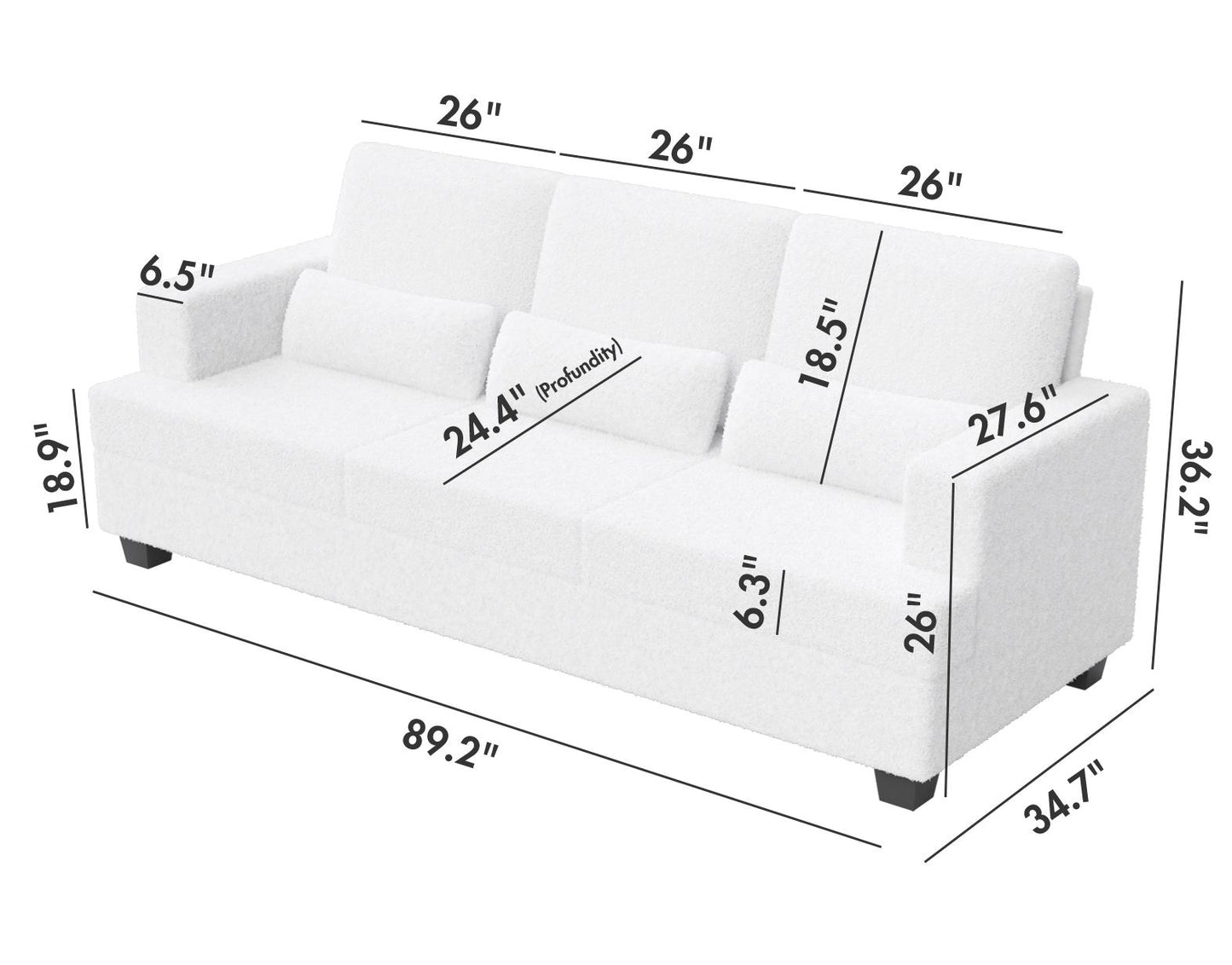 Melysen Modern Sofas Couches for Living Room, Sofas & couches with Square Armrest, Removable back Cushion,White