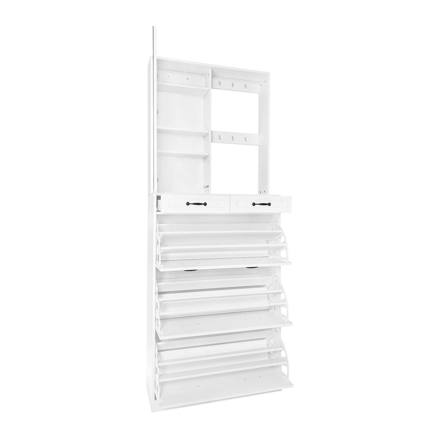 Melysen Multi-functional Shoe Cabinet with 3 Flip Drawers, Elegant Hall Tree with Mirror, Freestanding Entryway Organizer Shoe Rack with 6 Hanging Hooks for Hallway, White