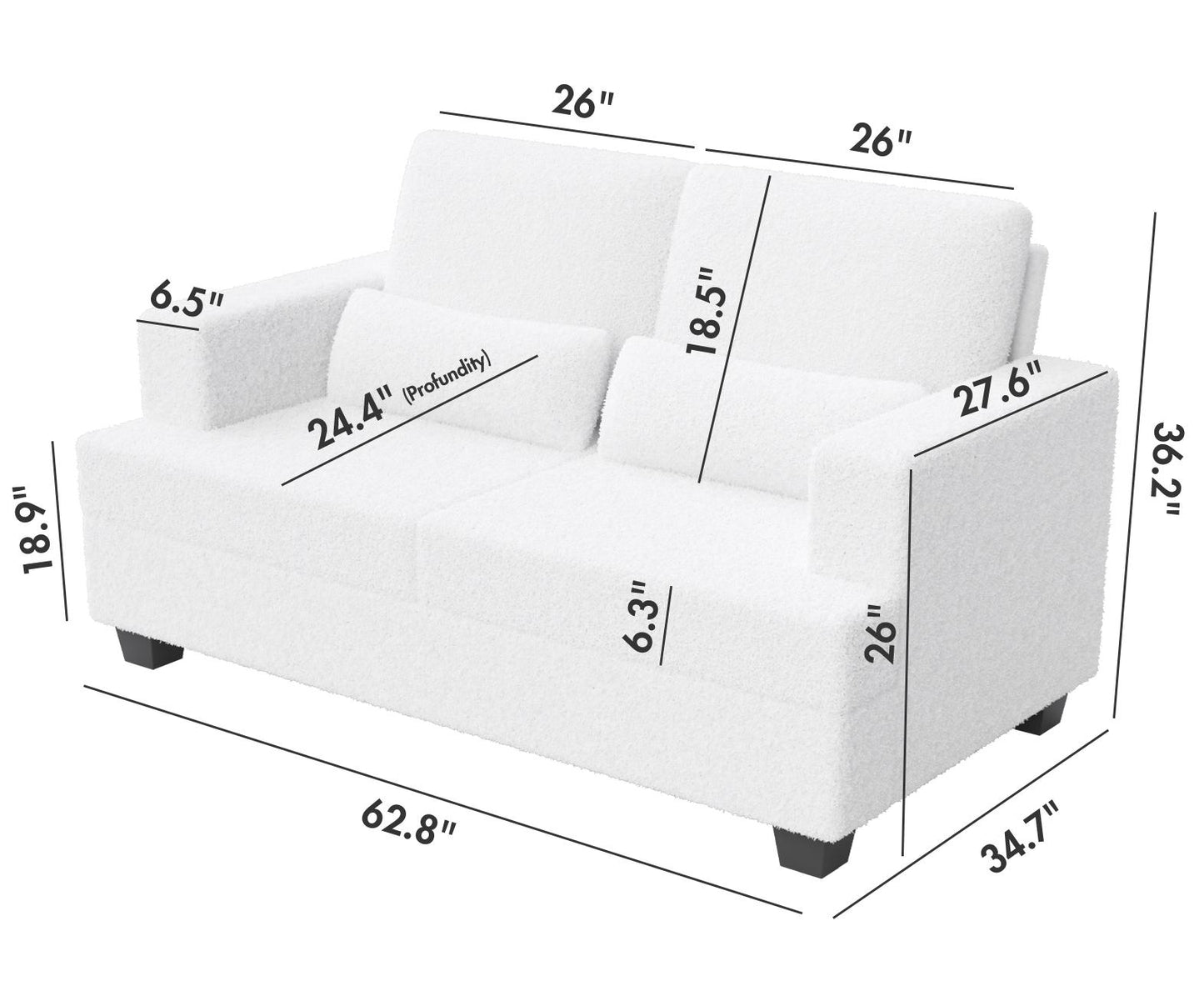 Melysen Modern Sofas Couches for Living Room, Sofas & couches with Square Armrest, Removable back Cushion,White