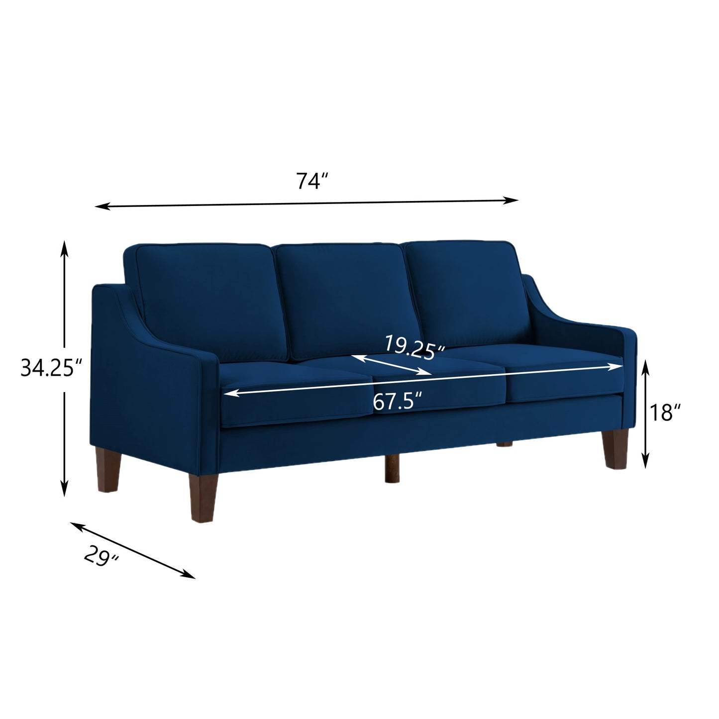 Melysen Modern 3 Piece seat  Sofa Couch with Scooped Armrest/Wood legs,Upholstered Velvet 3-seat Sofa with Removable Cushions for Livingrooom Bedroomin