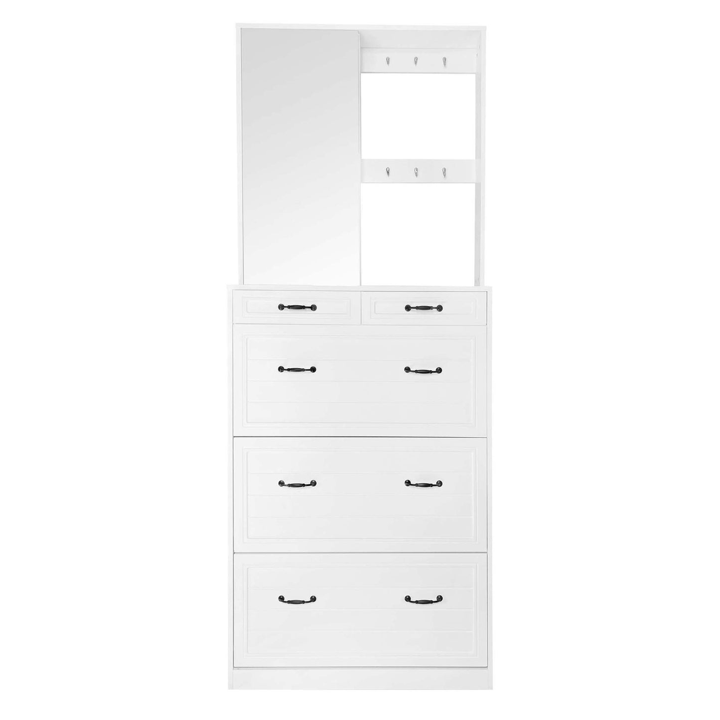 Melysen Multi-functional Shoe Cabinet with 3 Flip Drawers, Elegant Hall Tree with Mirror, Freestanding Entryway Organizer Shoe Rack with 6 Hanging Hooks for Hallway, White