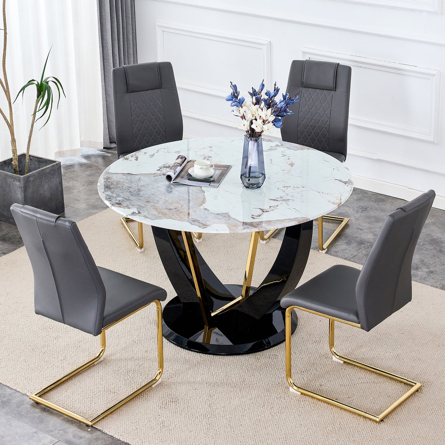 Melysen Table and Chair Set. 1 Table+4 Chairs. Round Pandora Style Stone Burning Tabletop with Black Mdf Legs. Paired with 4 Chairs with Pu Grey Cushions and Golden Legs