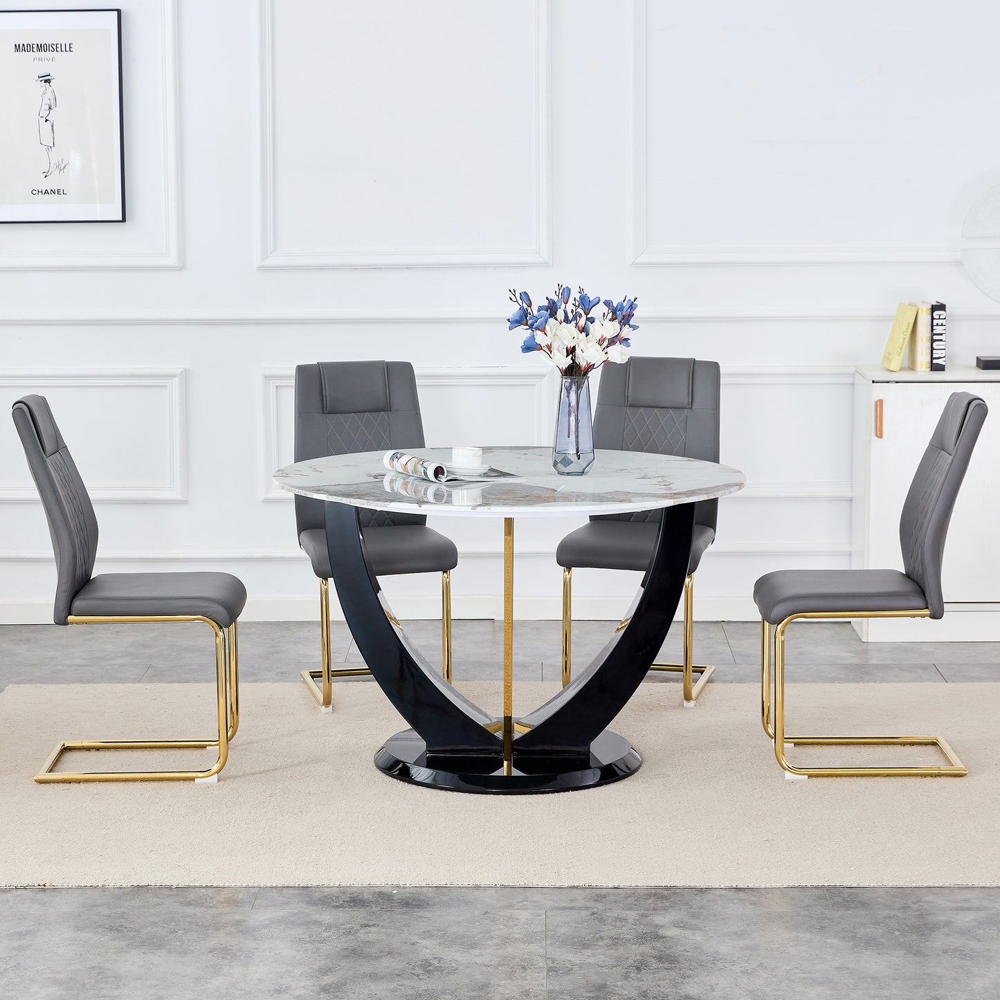 Melysen Table and Chair Set. 1 Table+4 Chairs. Round Pandora Style Stone Burning Tabletop with Black Mdf Legs. Paired with 4 Chairs with Pu Grey Cushions and Golden Legs