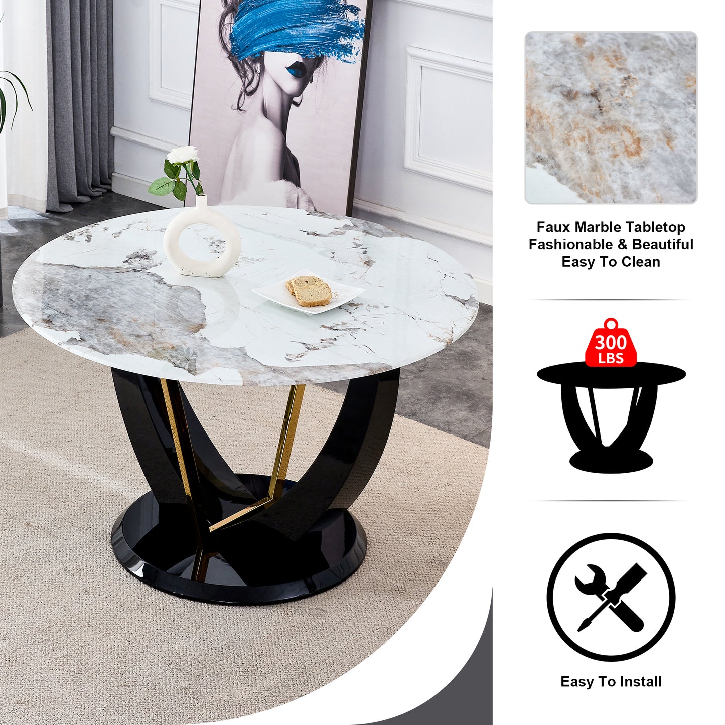 Melysen Table and Chair Set. 1 Table+4 Chairs. Round Pandora Style Stone Burning Tabletop with Black Mdf Legs. Paired with 4 Chairs with Pu Grey Cushions and Golden Legs