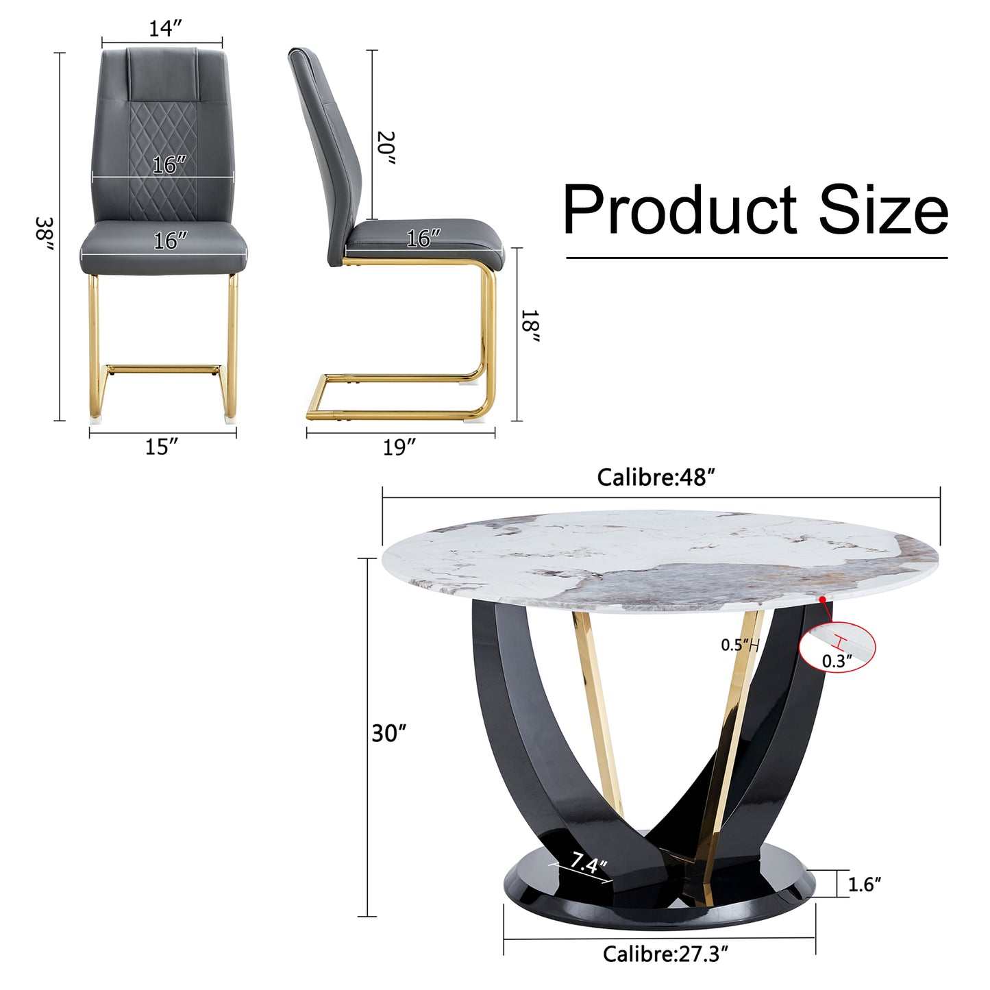 Melysen Table and Chair Set. 1 Table+4 Chairs. Round Pandora Style Stone Burning Tabletop with Black Mdf Legs. Paired with 4 Chairs with Pu Grey Cushions and Golden Legs