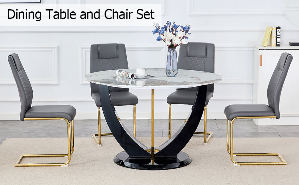 Melysen Table and Chair Set. 1 Table+4 Chairs. Round Pandora Style Stone Burning Tabletop with Black Mdf Legs. Paired with 4 Chairs with Pu Grey Cushions and Golden Legs