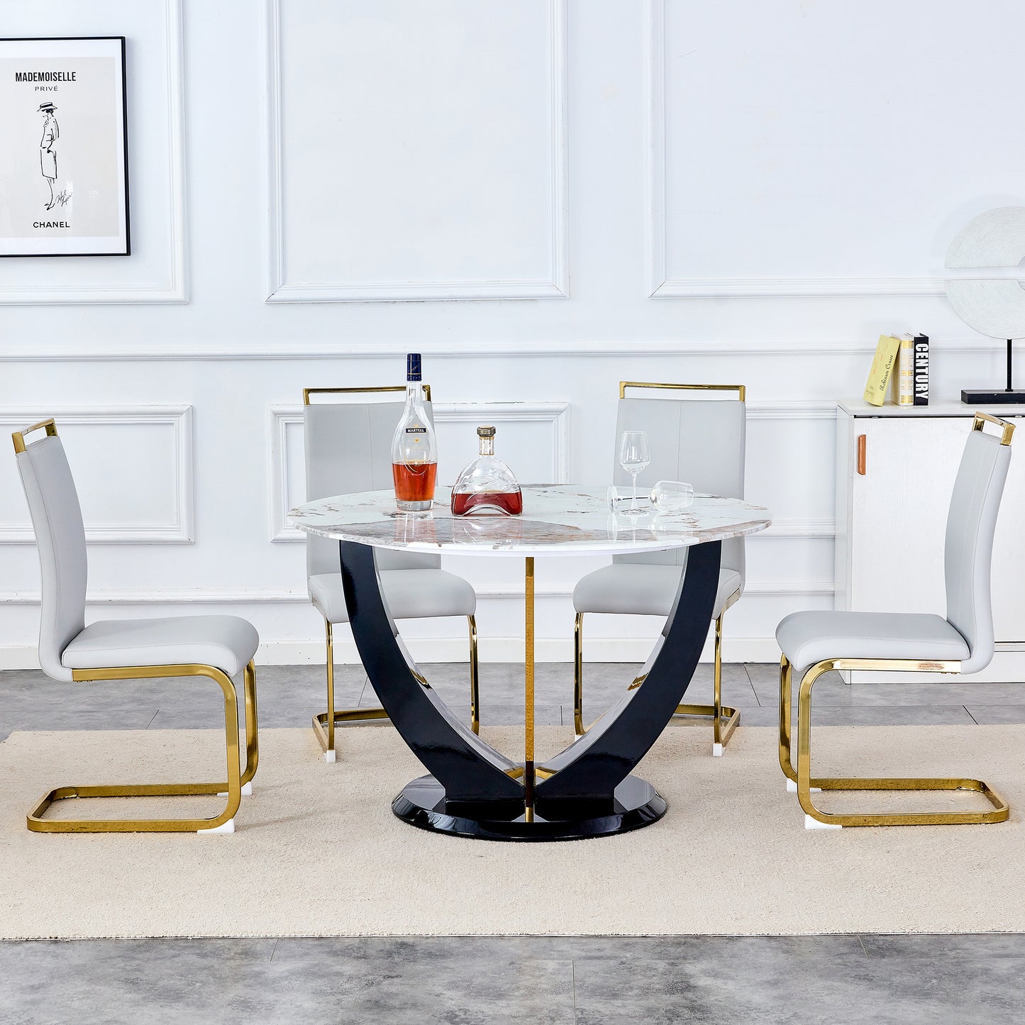 Melysen Table and Chair Set. 1 Table+4 Chairs. Round Pandora Style Stone Burning Tabletop with Black Mdf Legs. Paired with 4 Chairs with Pu Light Gray Cushions and Golden Legs