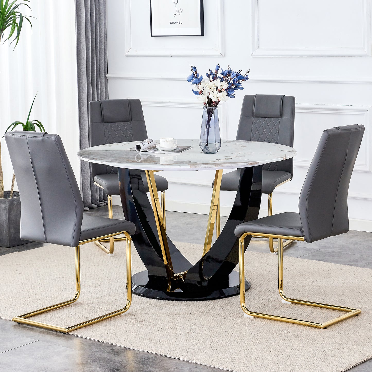 Melysen Table and Chair Set. 1 Table+4 Chairs. Round Pandora Style Stone Burning Tabletop with Black Mdf Legs. Paired with 4 Chairs with Pu Grey Cushions and Golden Legs