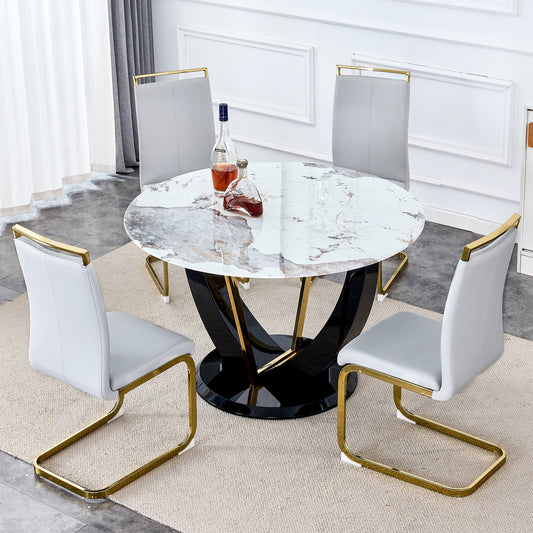 Melysen Table and Chair Set. 1 Table+4 Chairs. Round Pandora Style Stone Burning Tabletop with Black Mdf Legs. Paired with 4 Chairs with Pu Light Gray Cushions and Golden Legs