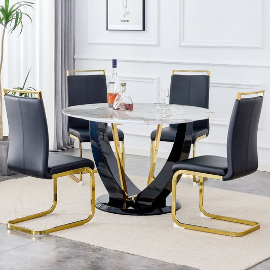 Melysen Table and Chair Set. 1 Table+4 Chairs. Round Pandora Style Stone Burning Tabletop with Black Mdf Legs. Paired with 4 Chairs with Pu Black Cushions and Golden Legs