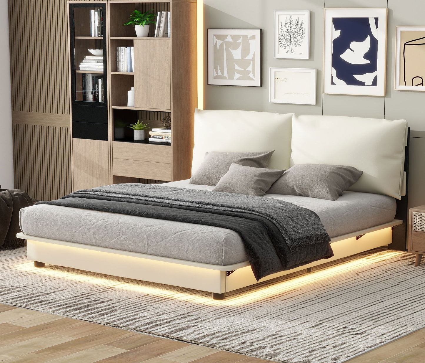 Melysen Upholstered Platform Bed with Sensor Light and Ergonomic Design Backrests